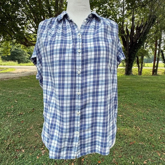 Madewell Tops - Madewell Blue White Plaid Split Back Button Front Cotton Top Womens Medium